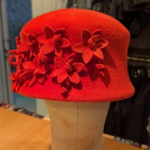 Elegant Red Floral Women's Felt Cloche Hat.